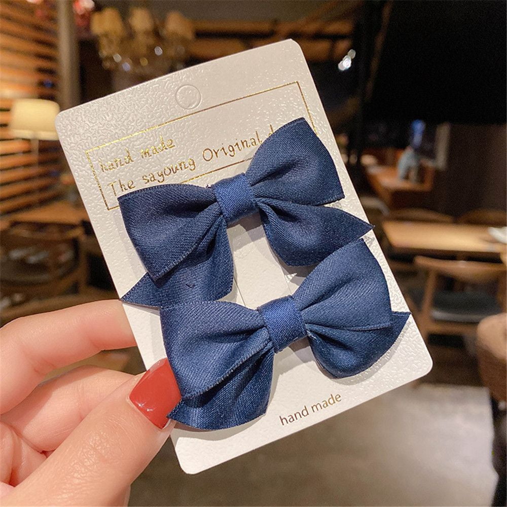 2Pcs Sweet Hair Accessories Solid Color Gifts Kids Hair Clips Bowknot Barrettes Bow Headgear Baby Hairpins NAVY