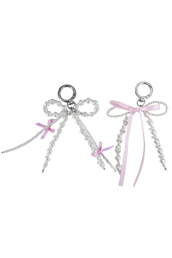 2Pcs Sweet Ribbon Pearls Bowknot Keychain Pendant Fashion Lovely Hangings Ornament Keyring Backpack Decoration Charm