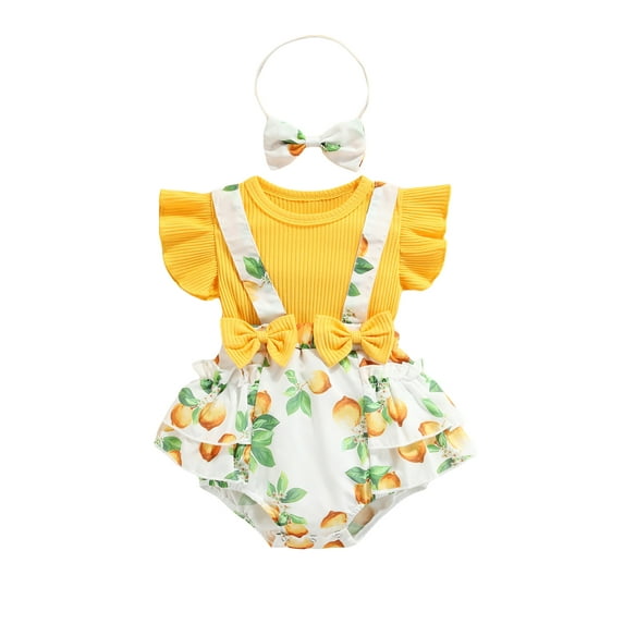 2Pcs Sweet Style Baby Girls Outfit, Toddlers Summer Floral/Lemon/Dot Printing Fly Sleeve Splicing Romper + Bow Headwear Set