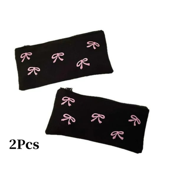 2Pcs Sweet and Lovely Black and Pink Bow Embroidery Girl Makeup Lipstick Data Cable Storage Bag Makeup Bag