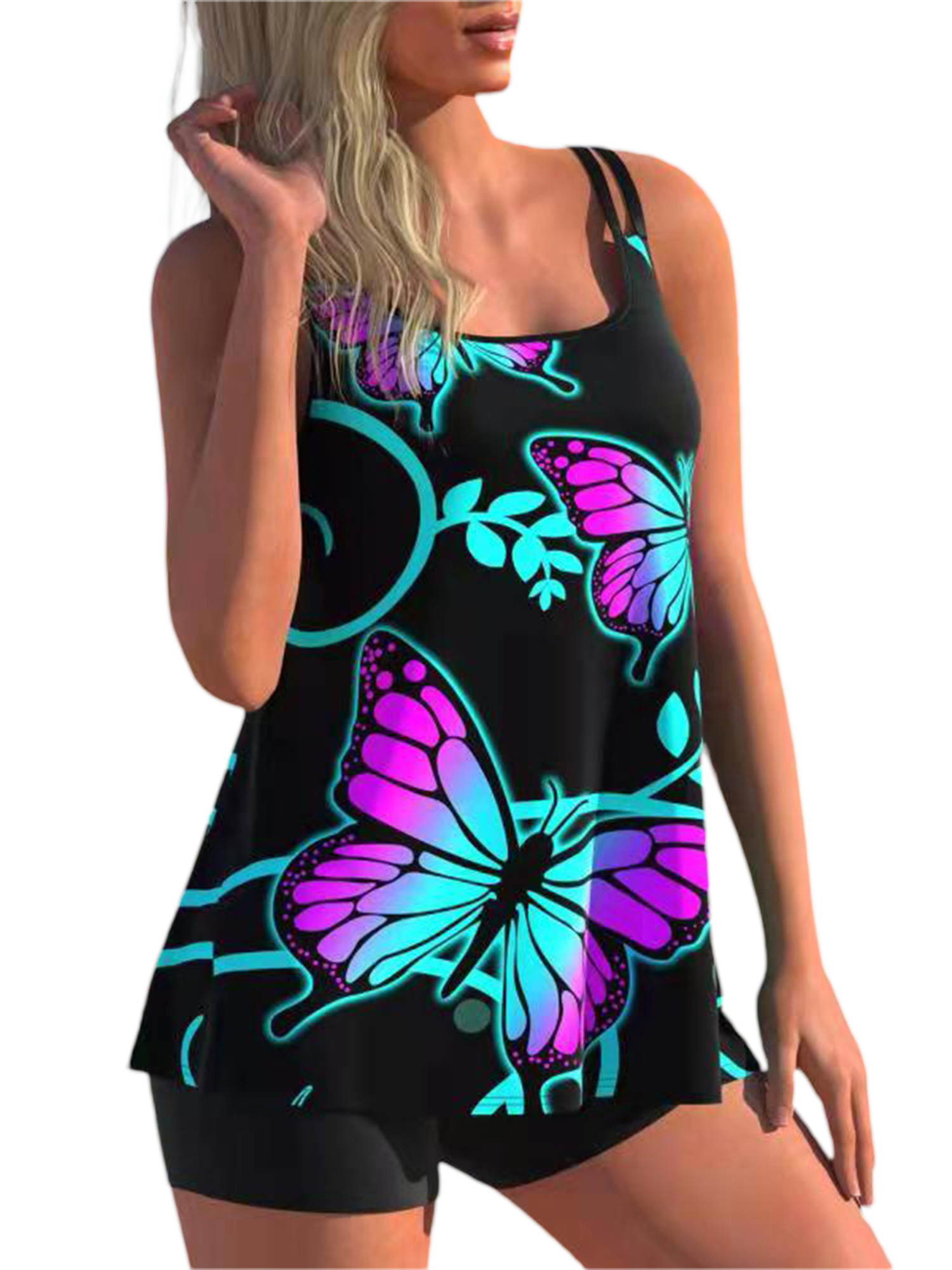2Pcs Swimsuit for Women Tankini Set Swimwear Shirt + Shorts Rainbow ...