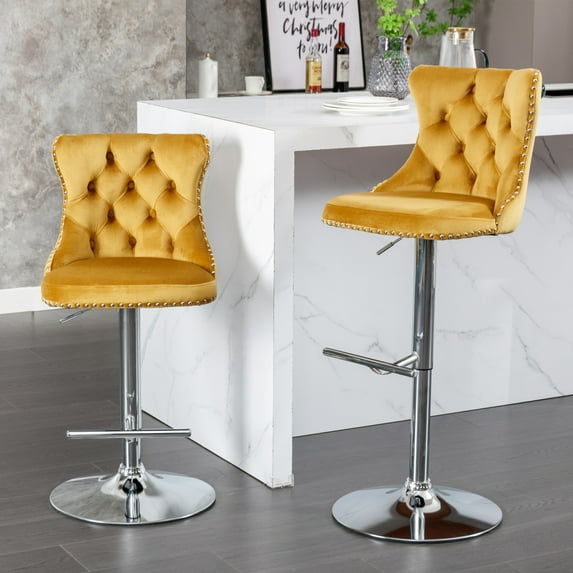 2Pcs Swivel Velvet Bar Stools, Adjusatble Counter Height Bar Chairs with Chrome Footrest, Modern Upholstered Dining Chairs with Button Tufted Back Set of 2, for Home, Pub, Kitchen Island, Yellow
