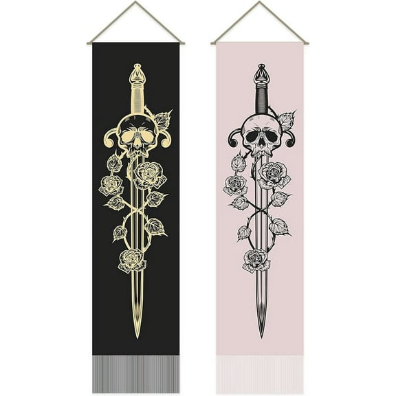 2Pcs Sword with Skull Flower Tapestry Hippie Bohemian Long Vertical Tapestry Wall Hanging Decor Gothic Tasseled