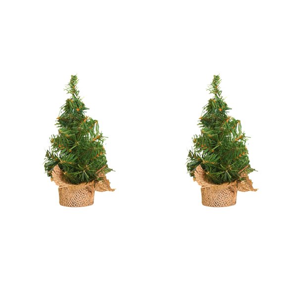 2Pcs Tabletop Small Christmas Tree, Artificial Miniature Pine Tree with Burlap Weighted Base, Beautiful Centerpiece for Dining Table, Kitchen, Home Holiday Decor 5.9 Inch Green