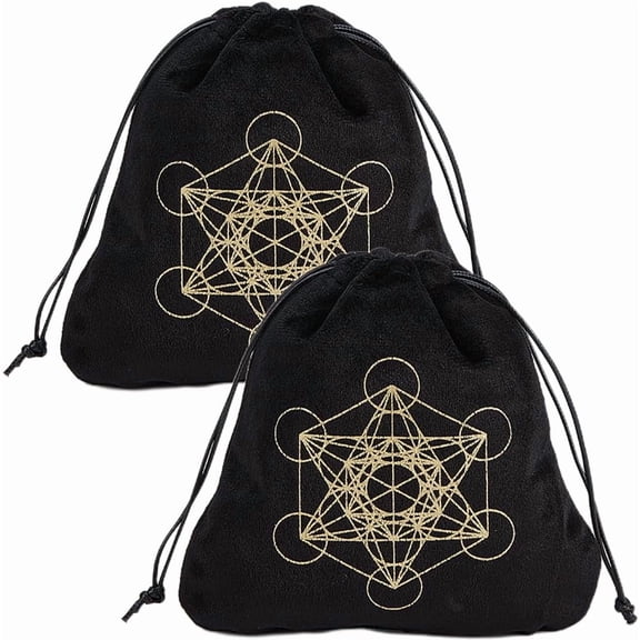 2Pcs Tarot Bags Velvet Tarot Card Storage Bag Pouches Holder Metatron's Cube Set Rune with Drawstrings Large Packing for Tarot Card Jewelry Dice Gift 6.5 x 5.9 Inch-Black Black