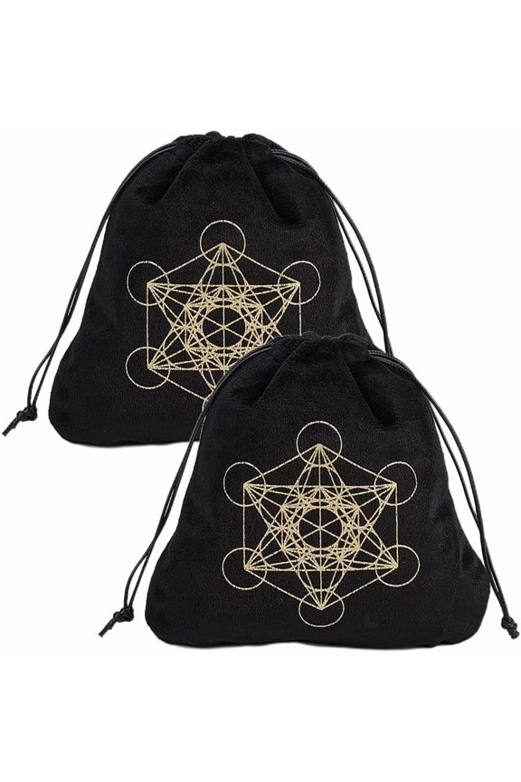 2Pcs Tarot Bags Velvet Tarot Card Storage Bag Pouches Holder Metatron's Cube Set Rune with Drawstrings Large Packing for Tarot Card Jewelry Dice Gift 6.5 x 5.9 Inch-Black Black