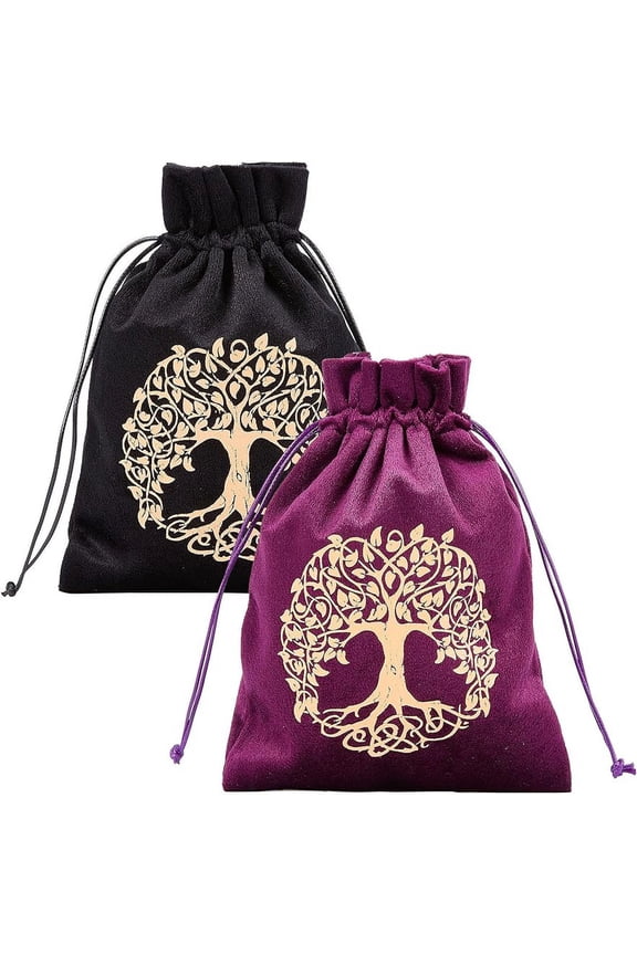 2Pcs Tarot Storage Bag Thick Velvet Packing Pouches Tree of Life Symbol Drawstring Bag Black Protective Card Board Game Embroidery for Tarot Dice Card Jewelry Crystal Pouch
