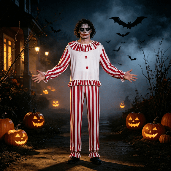 2Pcs Terfer Cosplay,Terfer Cos,Terfer Outfit,Halloween Striped Circus Jumpsuit,Festive Ruffle Trim Clown Attire for Theme Parks,Spooky Two Piece Performance Suit Carnival Cosplay Wear-Top+TrousersXXL
