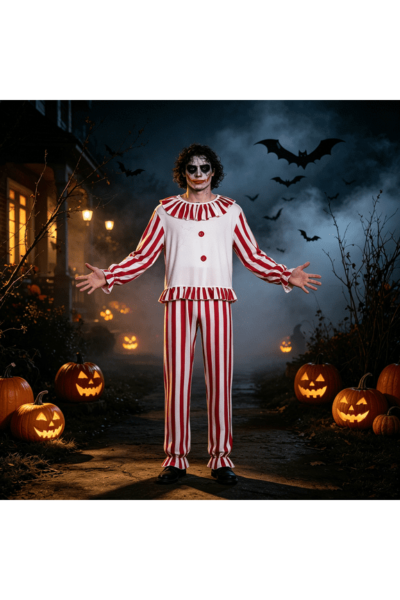2Pcs Terfer Cosplay,Terfer Cos,Terfer Outfit,Halloween Striped Circus Jumpsuit,Festive Ruffle Trim Clown Attire for Theme Parks,Spooky Two Piece Performance Suit Carnival Cosplay Wear-Top+TrousersXXL