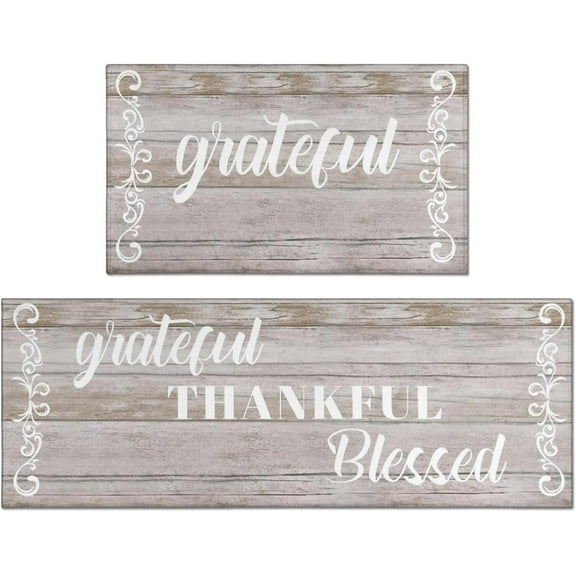 2Pcs Thankful Kitchen Rugs Set of 2 Floor Mats for Cooking Non Slip Waterproof Standing Kitchen Runner Mats 17”x30”+17”x47”, Beige