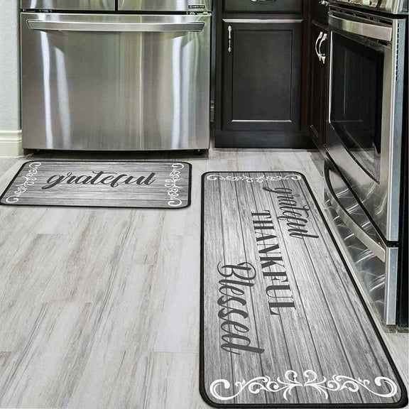 2Pcs Thankful Kitchen Rugs Set of 2 Grey Mats for Cooking Non Slip Waterproof Standing Kitchen Runner Mats 17x30+17x47