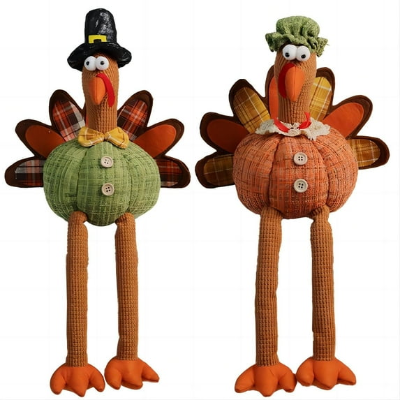 2Pcs Thanksgiving Turkey Plush Decoration Turkeys Couple Shelf Doll 19.1 Inch Standing Large Turkey Stuffed Doll With Retractable Spring Legs For Autumn Harvest Ornaments Home Decor