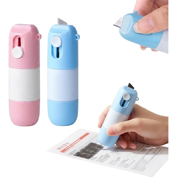 2Pcs Thermal Paper Eraser & Box Cutter, 2026 New 2‑in‑1 Thermal Label Correction Marker with Mini Box Cutter, Water‑Based Privacy Data Eraser Pen for Shipping Labels Receipts Packages (Blue+Pink)M
