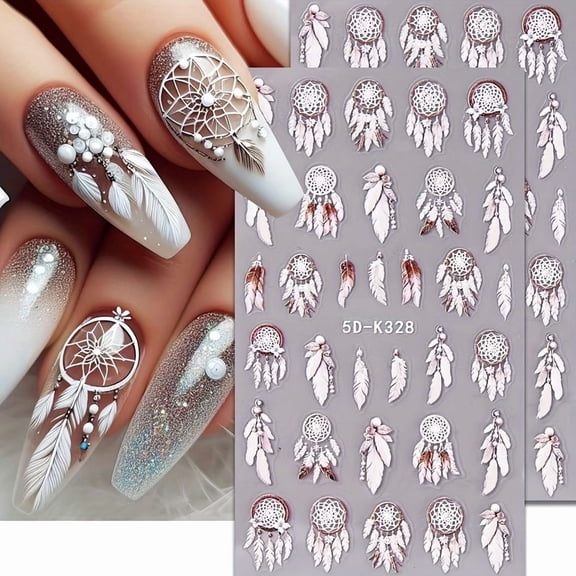 2Pcs Three-Dimensional Embossed Feather Nail Art Stickers - Dreamy Mesh Design for Elegant Nail Art