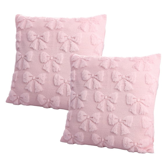 2Pcs Throw Pillow Cover Set Elegant Pink Bow Pillow Covers with Invisible Zipper Soft Plush Couch Pillowcase,Polyester Plush,18*18in