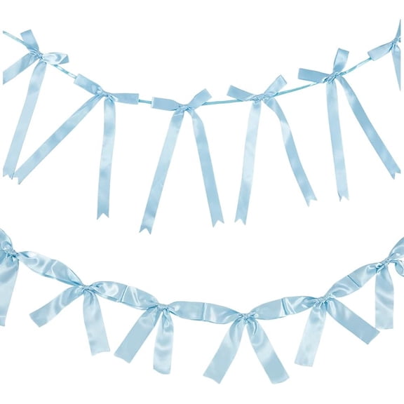 2Pcs Tie Banner Bows Garland Decor Light Sky Blue Cloth Pre-Strung Ribbon Bowtie Bowknot Coquette Hanging Banner Party Decoration Blue