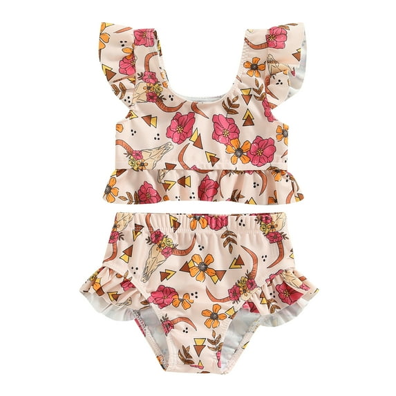 2Pcs Toddler Baby 6M 9M 12M 18M 24M 3T 2 Piece Bikinis Set Print Fly Sleeve Vest Tops + Briefs Kids Swimwear Bathing Suit