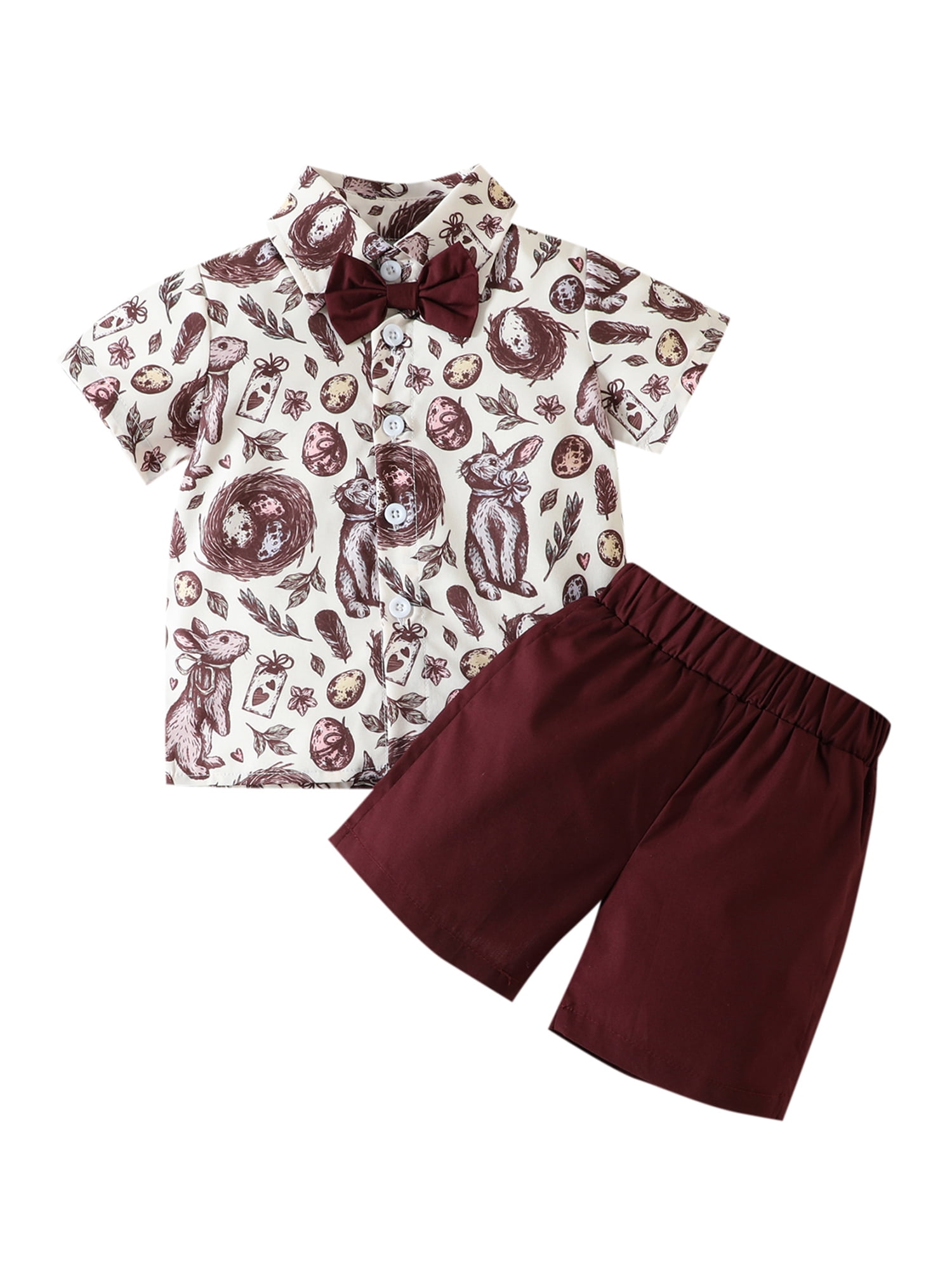 2Pcs Toddler Baby Boy Easter Outfits Bunny Short Sleeve Button Down