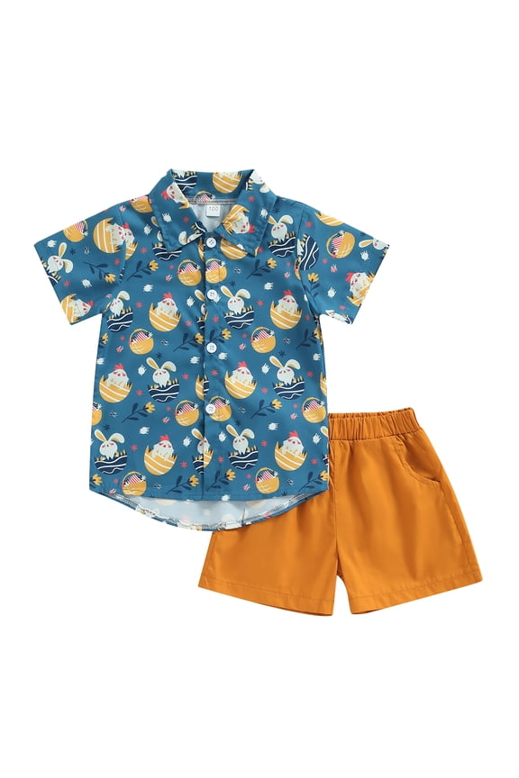 2Pcs Toddler Baby Boy Easter Outfits Easter Egg/Bunny Short Sleeve Button Down Shirt Top Solid Shorts Set Summer Clothes