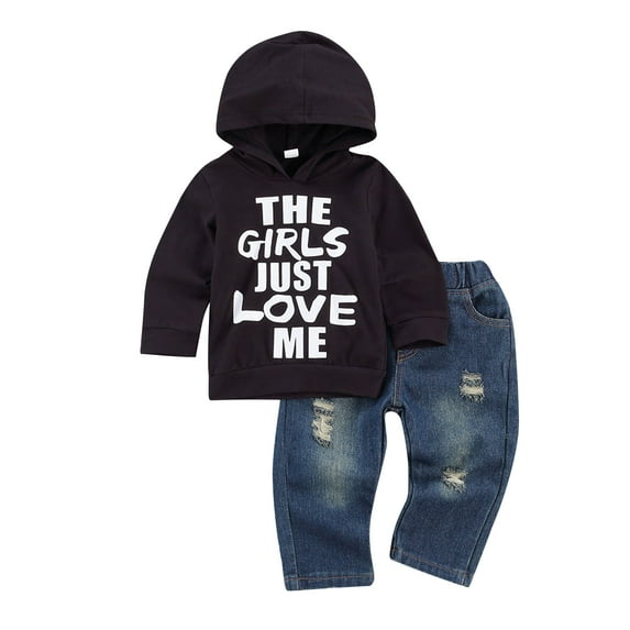 2Pcs Toddler Baby Boy Jeans Clothes Set 3T 4T 5T Long Sleeve Hoodie Sweatshirts Top + Ripped Denim Pants Fall Winter Outfits