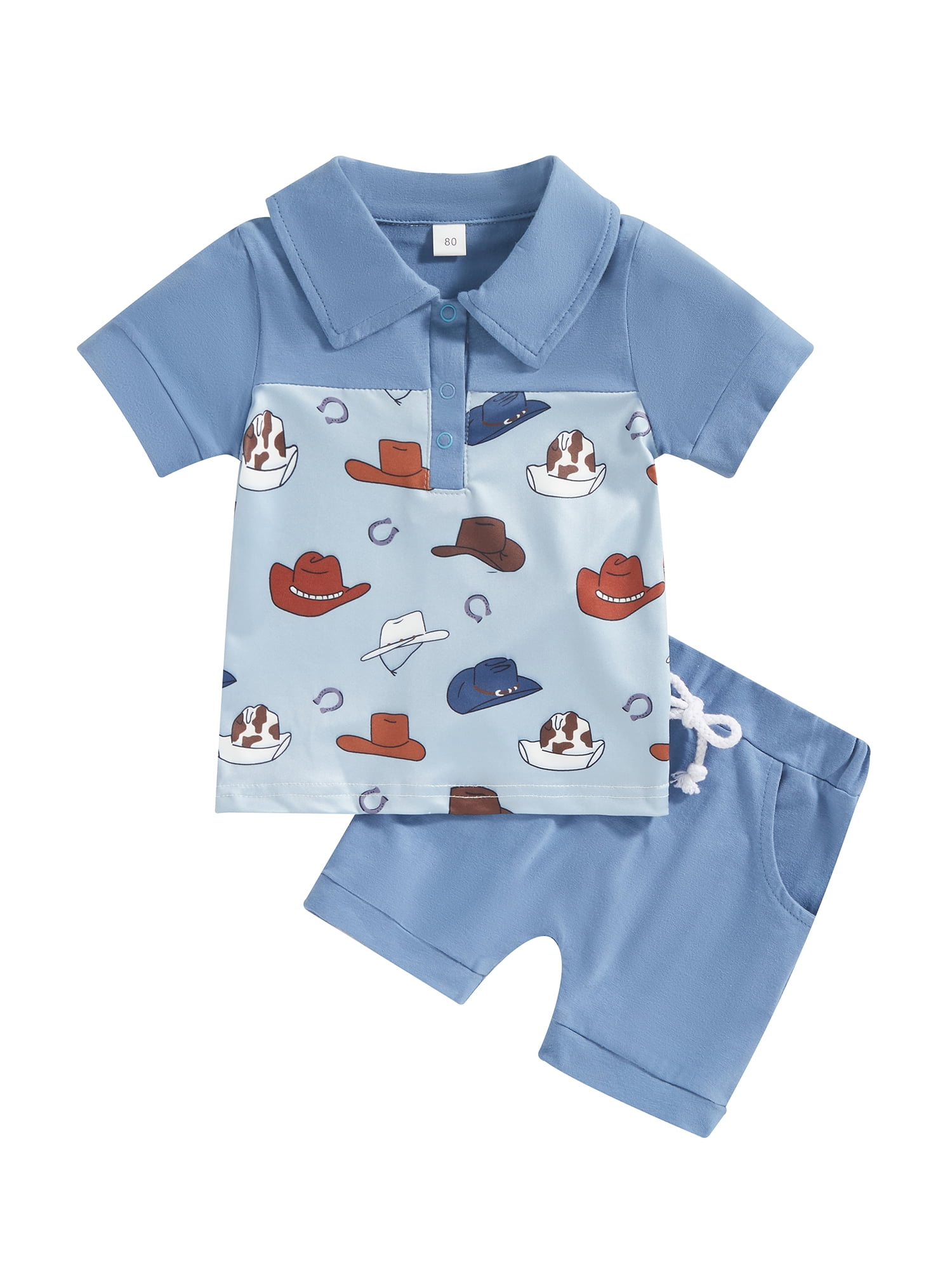 2Pcs Toddler Baby Boy Summer Outfits Cowboy Hat Print Short Sleeve Polo
