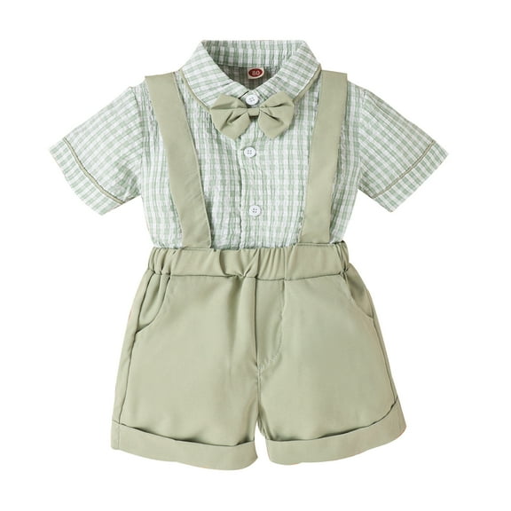 2Pcs Toddler Baby Boys Plaid Short Sleeve T-Shirts Tops with Bow   Suspender Shorts Kids Summer Gentleman Outfits, 9-12M