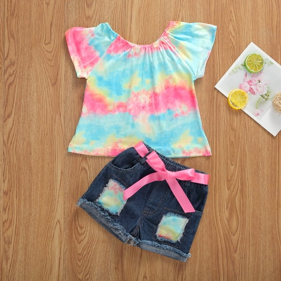 2Pcs Toddler Baby Girl Clothes Rainbow Print Ruffles Sleeve Tops + Denim Shorts Outfits 1-6 Years