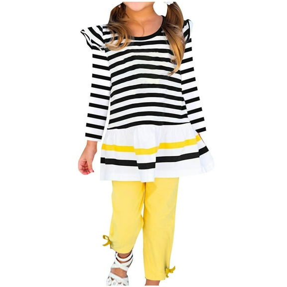 2Pcs Toddler Baby Girls Clothes Set Kids Ruffled Sleeve Striped Flower T-Shirt Tops +Pants Fall Outfits Suits Black 4 Years