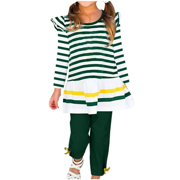 2Pcs Toddler Baby Girls Clothes Set Kids Ruffled Sleeve Striped Flower T-Shirt Tops +Pants Fall Outfits Suits Green 5 Years
