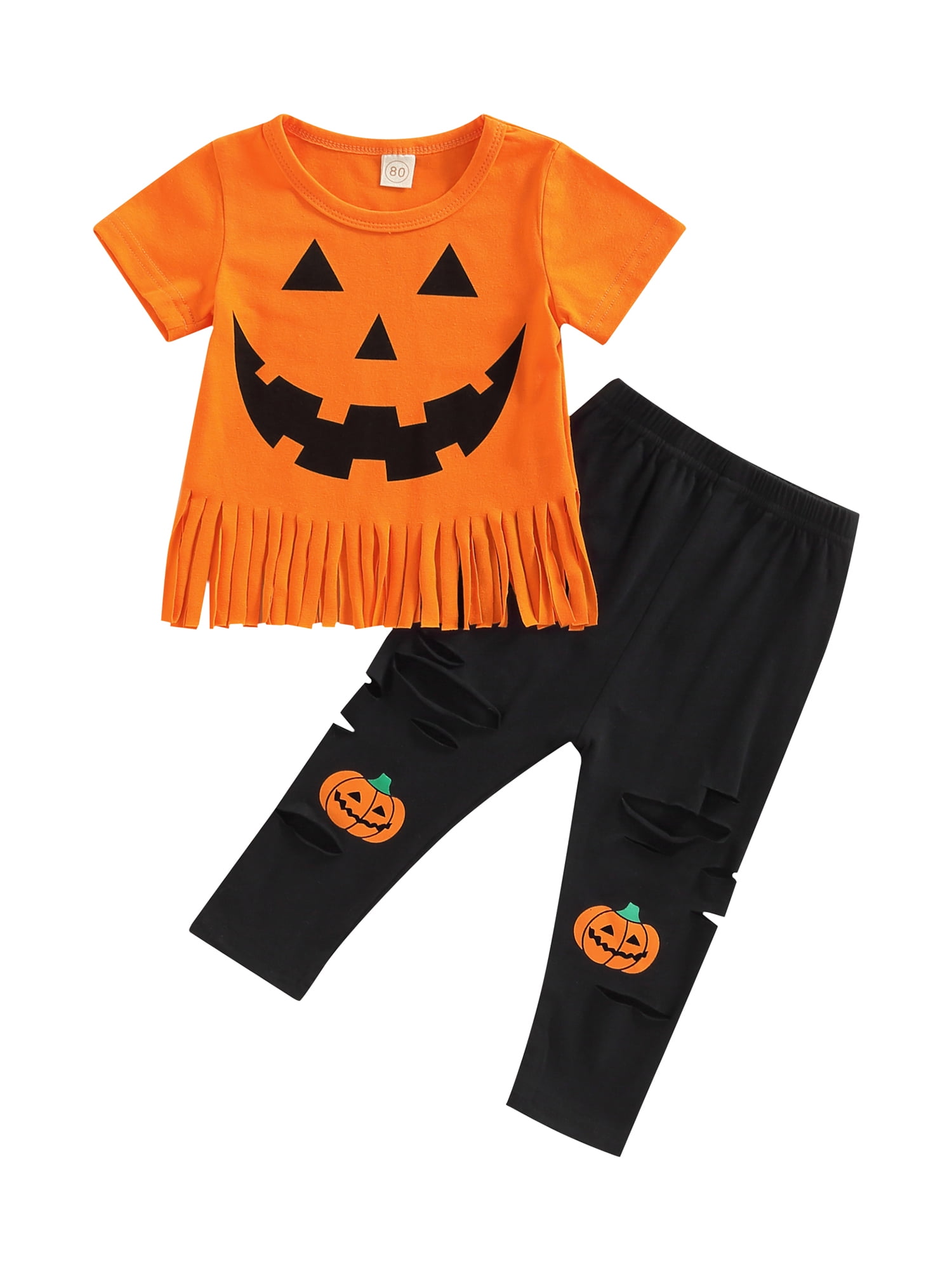 2Pcs Toddler Baby Girls Halloween Costume Outfits Pumpkin Print Short Sleeve Tassel Tshirt and