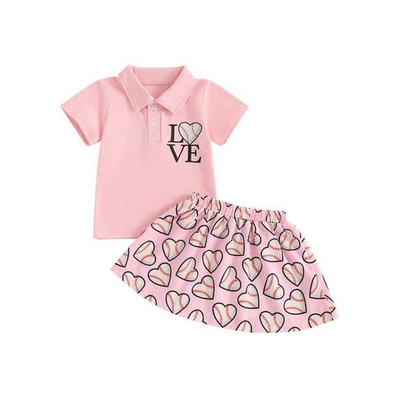 2Pcs Toddler Baby Girls Summer Outfits 6 12 18 24 Months 2T 3T 4T Short Sleeve Lapel Collar Tops + Mini Skirt Set Baseball Clothes