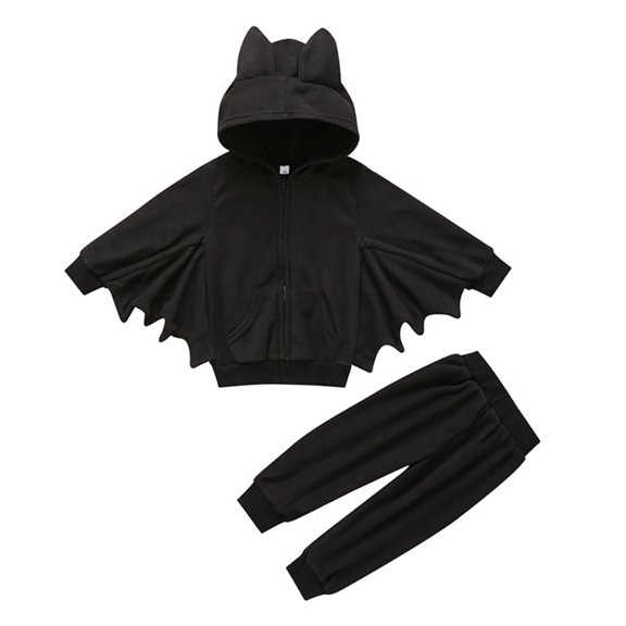 2Pcs Toddler Baby Halloween Outfits Kids Long Sleeve Hooded Top Batsuit   Long Pant Set