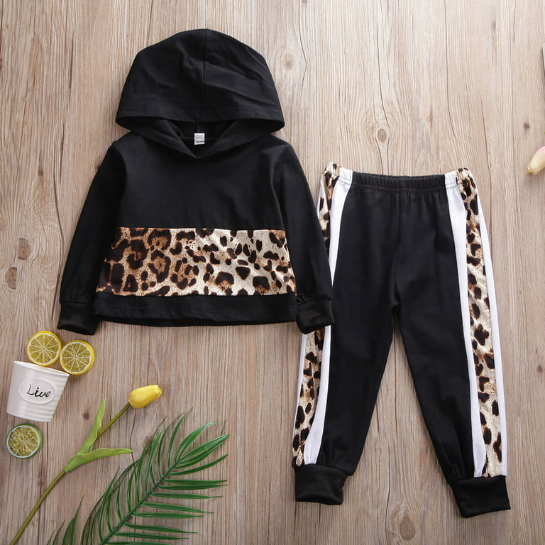 2Pcs Toddler Baby Tracksuit Girls Boys Leopard Print Outfit Kids Fall Long  Sleeve Hoodies Top+Long Pants Leggings Clothes Set 