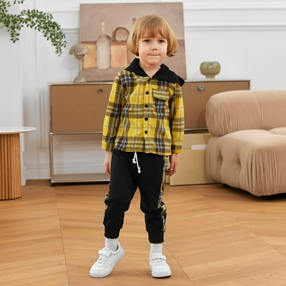 2Pcs Toddler Boys Hoodie Clothes Sweatsuit Kids Long Sleeve Plaid Shirts Top + Matching Drawstring Sweatpant Long Pants Set 12M-5T