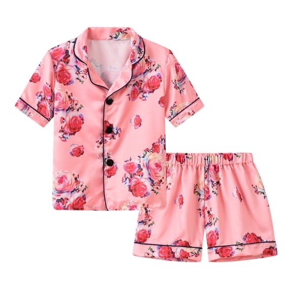 2Pcs Toddler Girls Boys Button Down Pajama Sets Kids Satin Silk Short Sleeve Pls Sleepwear 1-6 Years