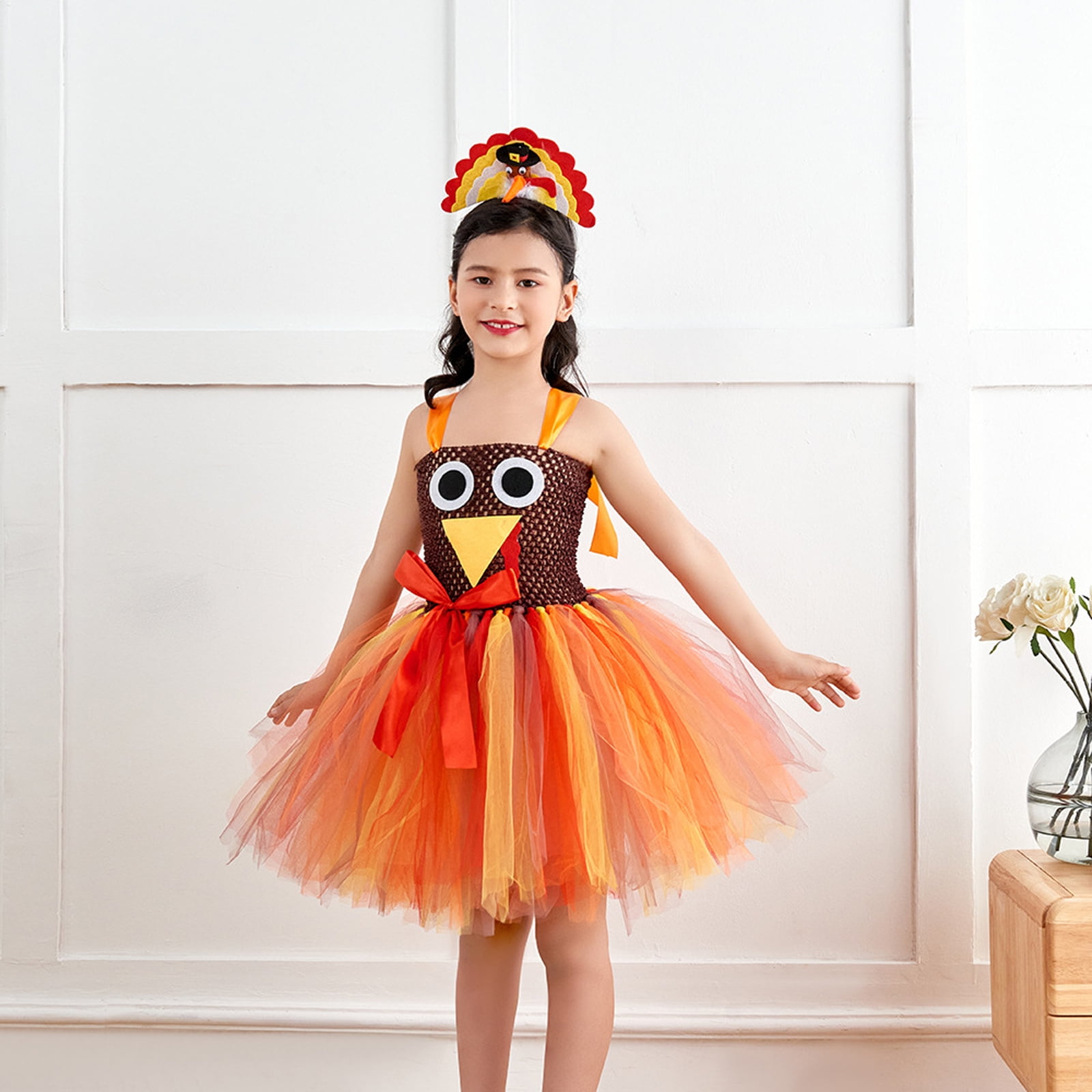 2Pcs Toddler Girls Thanksgiving Costume Turkey Print Sleeveless A