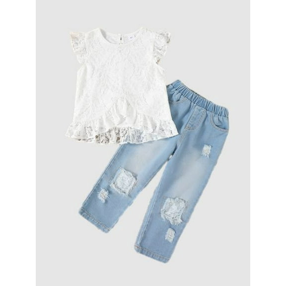 2Pcs Toddler Kid Girls Ruffle Sleeve Lace Floral Shirt Tops Denim Jeans Pants Outfits Set
