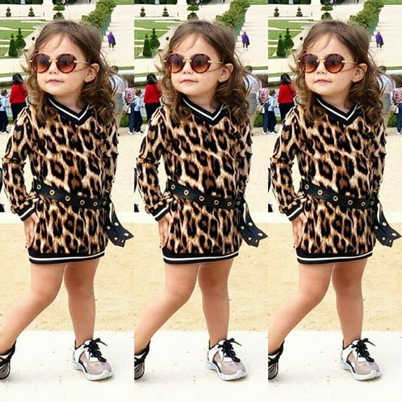 2Pcs Toddler Kids Baby Girl Leopard Outfit Clothes V-neck Sweater Dress+Belt Set