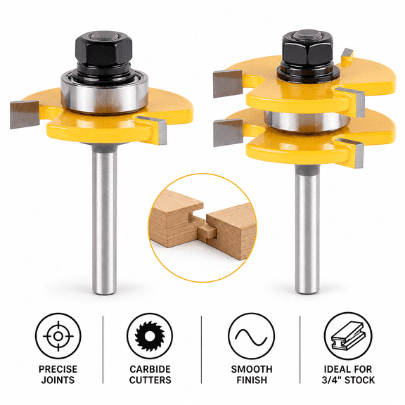 2Pcs Tongue and Groove Router Bit Set, 1/4 Inch Shank 3 Teeth T Shape for Woodworking Cabinet Door Flooring