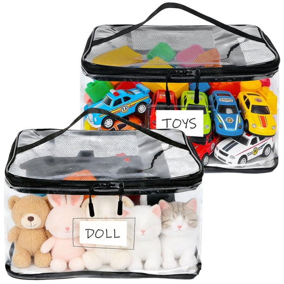 2Pcs Toy Storage Bag with Handle and Zipper Large Capacity Clear PVC Toy Organizer Bag with Double Mesh Pocket and Writeable Label for Doll Board Game Building Block