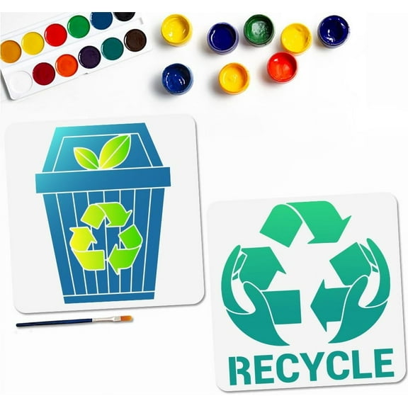 2Pcs Trash Can Recycling Sign Painting Stencil Environmental Stencil 11.8×11.8inch with Paint Brush Reusable Recycle Logo Template for Wood Wall Window DIY Craft for DIY