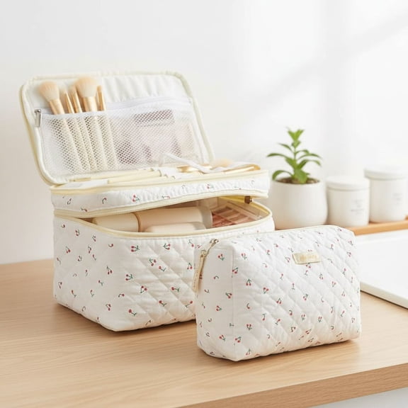 2Pcs Travel Makeup Bag, Large Cotton Quilted Makeup Bag Cosmetic Bag Cute Make up Bag Toiletry Bags for Women Girls