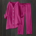 thumbnail image 1 of 2Pcs Travel Sets for Women Linen Wide Leg Pants Long Sleeve Shirt Set (Hot Pink L), 1 of 3