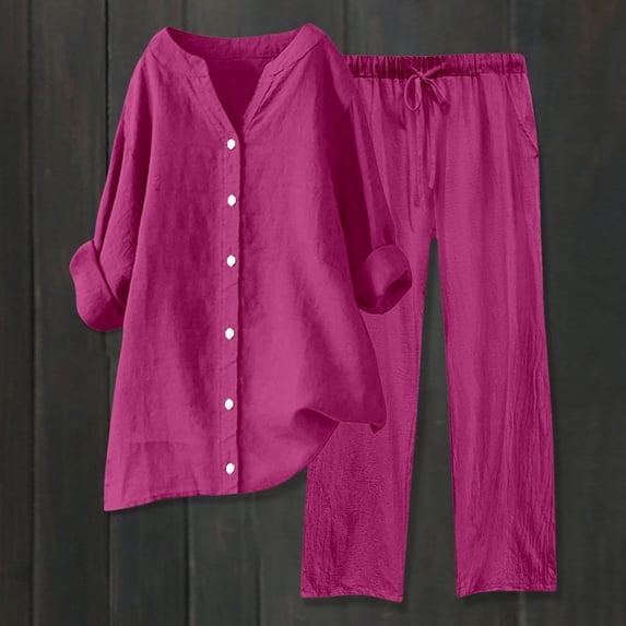 2Pcs Travel Sets for Women Linen Wide Leg Pants Long Sleeve Shirt Set (Hot Pink L)