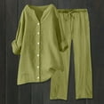 thumbnail image 1 of 2Pcs Travel Sets for Women Linen Wide Leg Pants Long Sleeve Shirt Set (Light Green XXXXL), 1 of 3