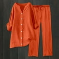 thumbnail image 1 of 2Pcs Travel Sets for Women Linen Wide Leg Pants Long Sleeve Shirt Set (Orange XXXXL), 1 of 3