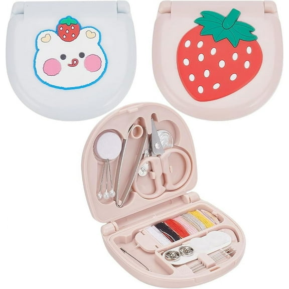 2Pcs Travel Sewing Supplies Portable Sewing Kit Mini Plastic Small Stitching Box Set with Sewing Tool Emergency Repair Strawberry Sewing Set Accessories for DIY Sewing Craft Travel Beginner Colorful