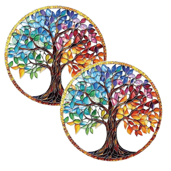 2Pcs Tree Of Life Stained Window Hanging De Cor Stained Acrylic Window Art Panel Window Hangings Green Tree Suncatcher Stained Panel Hanging Ornament for Bedroom Porch Off Ice Kitchen Hangs
