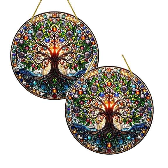2Pcs Tree Of Life Suncatcher Indoor/Outdoor Stained Glass Window Hanging Handmade Stained Glass Suncatchers For Windows Hanging Decoration For Home Garden Christmas Party Wedding Ho Hangs