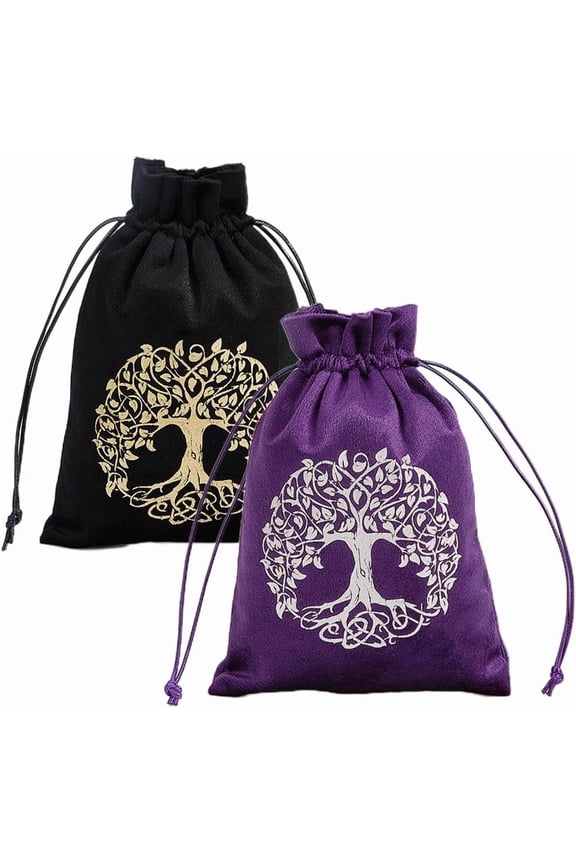 2Pcs Tree of Life Tarot Bags Velvet Tarot Card Storage Bag Pouches Holder Set Rune with Drawstrings Large Packing for Jewelry Dice Gift 7x5.1Inch-Black Purple Mixed Color